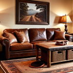 **Rustic living room featuring a leather sofa, cushions, and a woven area rug, illuminated by a warm leather table lamp. Include leather baskets and framed photos.**