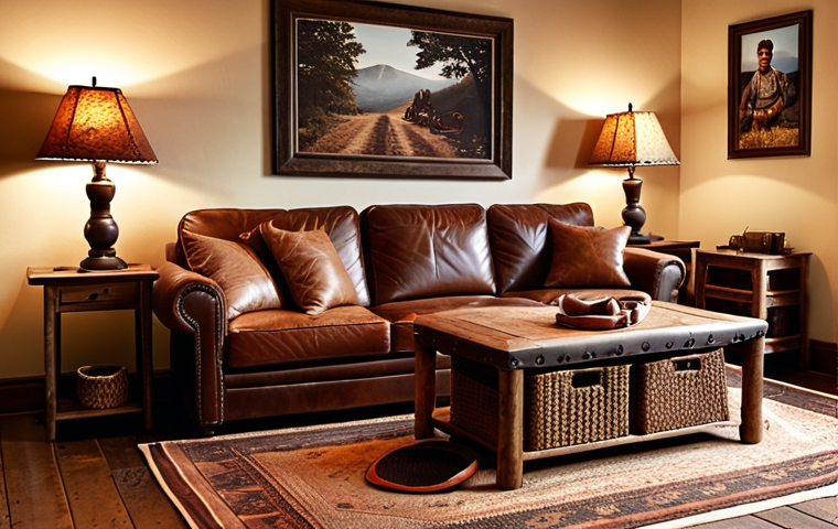**Rustic living room featuring a leather sofa, cushions, and a woven area rug, illuminated by a warm leather table lamp. Include leather baskets and framed photos.**