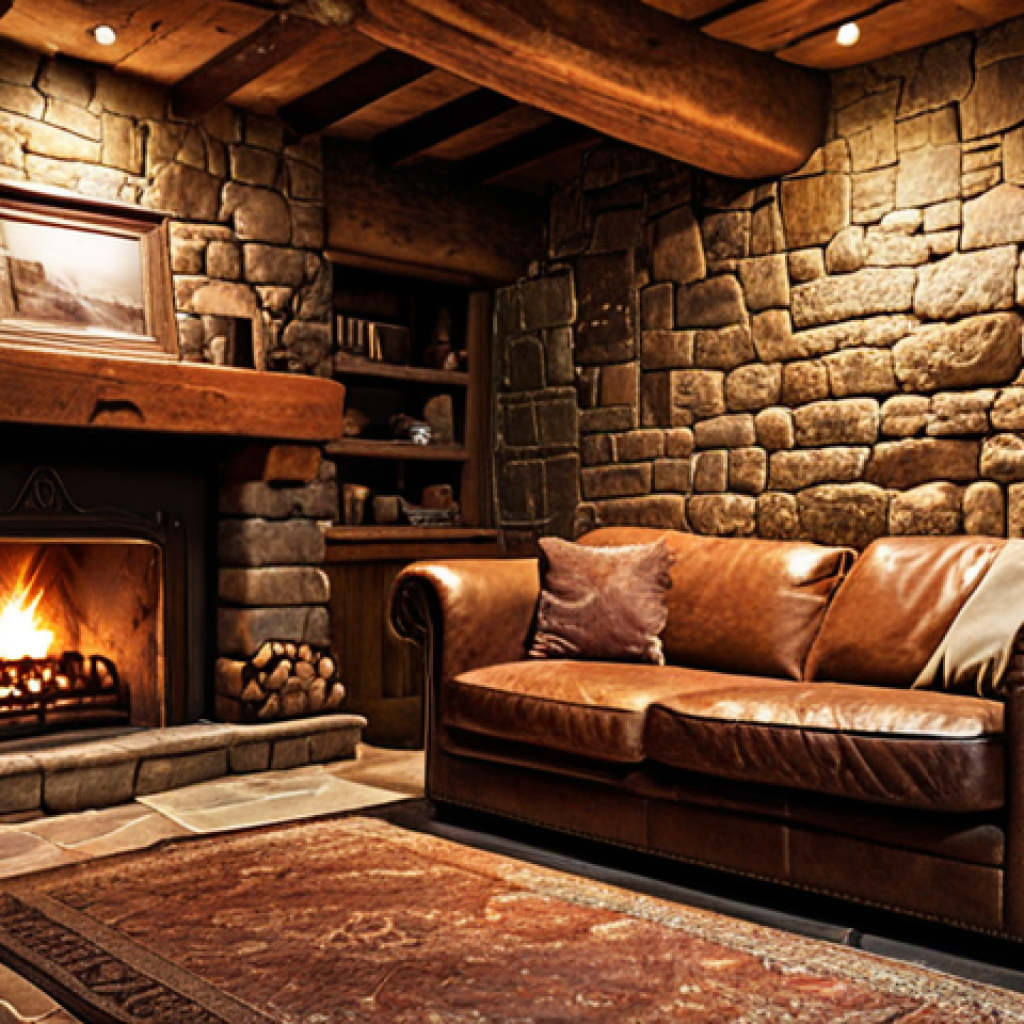 **

A cozy rustic living room. Focus on an aged leather sofa with visible imperfections. Stone walls, a lit fireplace, and warm, inviting lighting create a relaxing atmosphere.  Emphasis on texture and authenticity, evoking a sense of comfort.

**