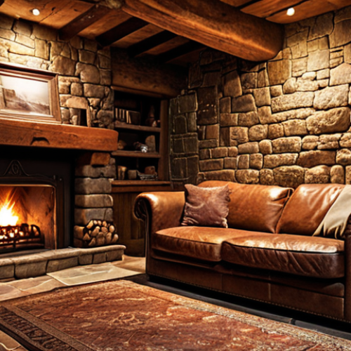 Home 6 **
A cozy rustic living room. Focus on an aged leather sofa with visible imperfections. Stone walls, a lit fireplace, and warm, inviting lighting create a relaxing atmosphere. Emphasis on texture and authenticity, evoking a sense of comfort.
**