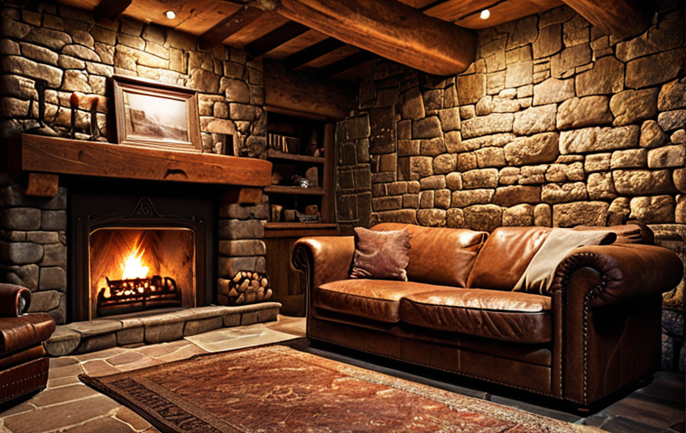 **
A cozy rustic living room. Focus on an aged leather sofa with visible imperfections. Stone walls, a lit fireplace, and warm, inviting lighting create a relaxing atmosphere. Emphasis on texture and authenticity, evoking a sense of comfort.
**