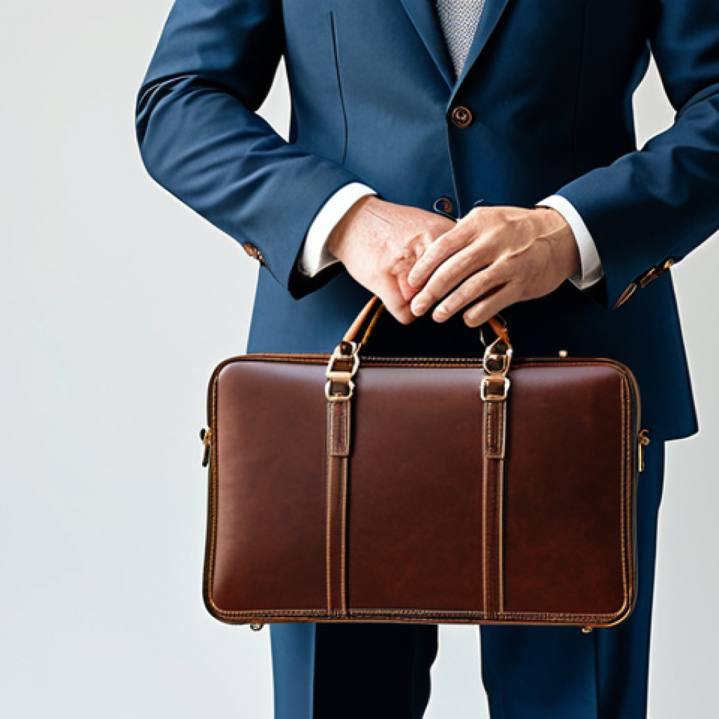 A professional individual, fully clothed in a modest business suit, stands confidently in a modern, well-lit minimalist studio. They are gently holding a finely crafted custom leather briefcase, showcasing its unique texture and exquisite stitching. The focus is on the subtle, personalized details of the bag, reflecting individuality and timeless elegance. The person's expression is one of calm appreciation. Professional photography, soft natural light, perfect anatomy, correct proportions, natural pose, well-formed hands, proper finger count, natural body proportions. safe for work, appropriate content, fully clothed, professional.