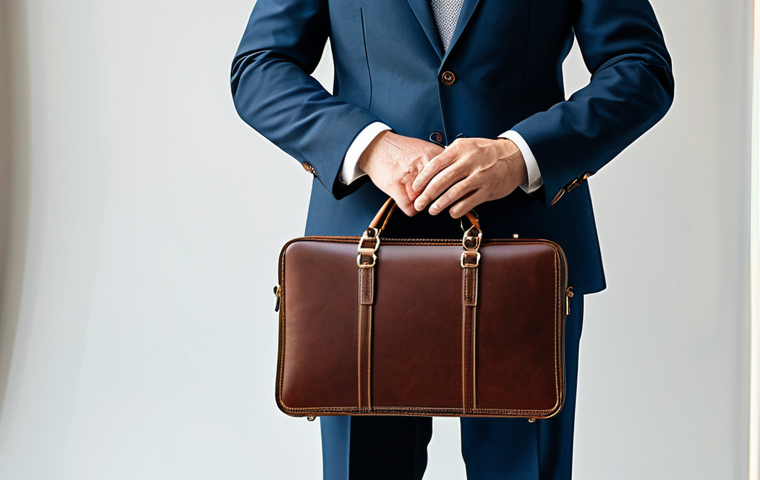 A professional individual, fully clothed in a modest business suit, stands confidently in a modern, well-lit minimalist studio. They are gently holding a finely crafted custom leather briefcase, showcasing its unique texture and exquisite stitching. The focus is on the subtle, personalized details of the bag, reflecting individuality and timeless elegance. The person's expression is one of calm appreciation. Professional photography, soft natural light, perfect anatomy, correct proportions, natural pose, well-formed hands, proper finger count, natural body proportions. safe for work, appropriate content, fully clothed, professional.