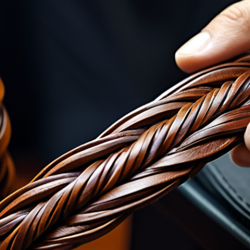 Home 28 **
"Close-up of hands skillfully braiding tanned leather strips to create a complex twisted braid. Focus on the texture of the leather and the intricate pattern of the braid. Background blurred. Safe for work, appropriate content, fully clothed, professional craftsmanship, perfect anatomy, natural proportions, high quality."
**