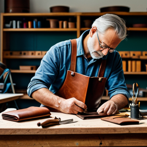 Leatherworker at Work**

"A professional leatherworker in a well-lit workshop, fully clothed in appropriate work attire, carefully stitching a leather wallet. Various leather tools are neatly arranged on the workbench. Safe for work, perfect anatomy, correct proportions, family-friendly, high-quality realistic photo, modest environment."

**