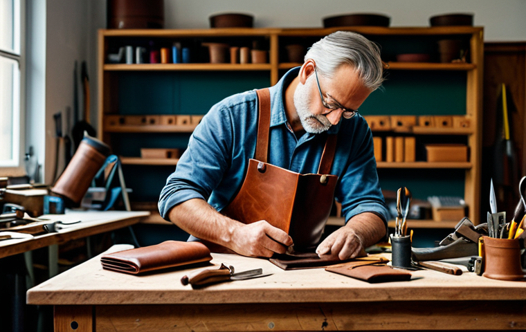 Leatherworker at Work**

"A professional leatherworker in a well-lit workshop, fully clothed in appropriate work attire, carefully stitching a leather wallet. Various leather tools are neatly arranged on the workbench. Safe for work, perfect anatomy, correct proportions, family-friendly, high-quality realistic photo, modest environment."

**