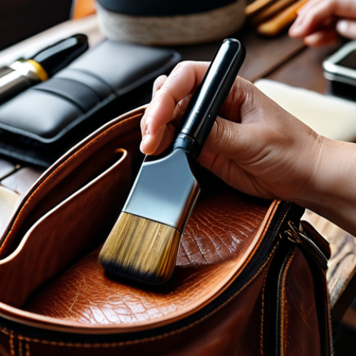 Home 26 "Leather Care Ritual"**
A close-up, professional shot of a person carefully applying leather conditioner to a well-worn leather handbag. The background is a softly lit, organized workspace with various leather care products visible (brushes, cloths, different bottles). Focus on the texture of the leather and the gentle application. Fully clothed, appropriate attire, safe for work, perfect anatomy (hands applying the conditioner), natural proportions, high resolution, realistic textures, professional photography, modest, family-friendly.
**