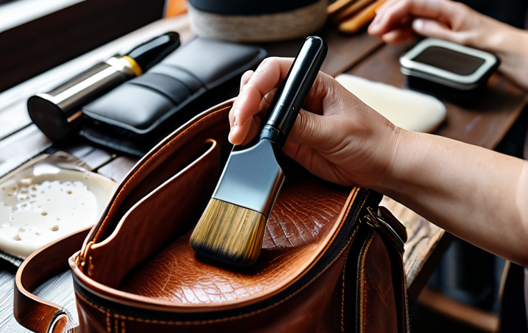"Leather Care Ritual"**

A close-up, professional shot of a person carefully applying leather conditioner to a well-worn leather handbag. The background is a softly lit, organized workspace with various leather care products visible (brushes, cloths, different bottles).  Focus on the texture of the leather and the gentle application. Fully clothed, appropriate attire, safe for work, perfect anatomy (hands applying the conditioner), natural proportions, high resolution, realistic textures, professional photography, modest, family-friendly.

**