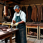**

A craftsman meticulously preparing leather in a traditional workshop, surrounded by tools and hides. He is fully clothed in appropriate work attire. The setting is a rustic tannery with vats and drying racks. The image should convey the artistry and skill involved in leather preparation. safe for work, appropriate content, professional, perfect anatomy, natural proportions, high quality.

**