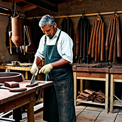 Home 25 **
A craftsman meticulously preparing leather in a traditional workshop, surrounded by tools and hides. He is fully clothed in appropriate work attire. The setting is a rustic tannery with vats and drying racks. The image should convey the artistry and skill involved in leather preparation. safe for work, appropriate content, professional, perfect anatomy, natural proportions, high quality.
**
