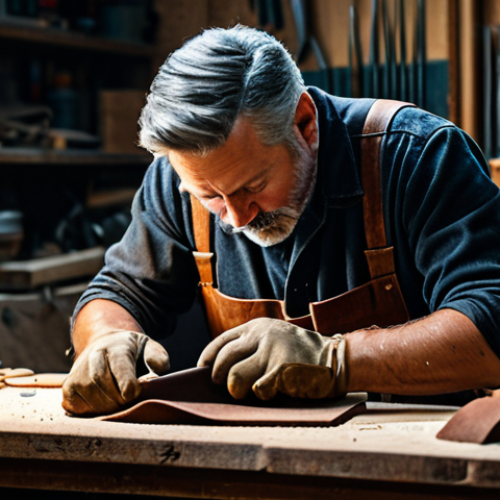 Home 12 **
"A craftsman meticulously sanding a piece of leather in a well-lit workshop, fully clothed, appropriate attire, safe for work, perfect anatomy, natural proportions, focused on the hands and the leather, high quality, professional photography."
**
