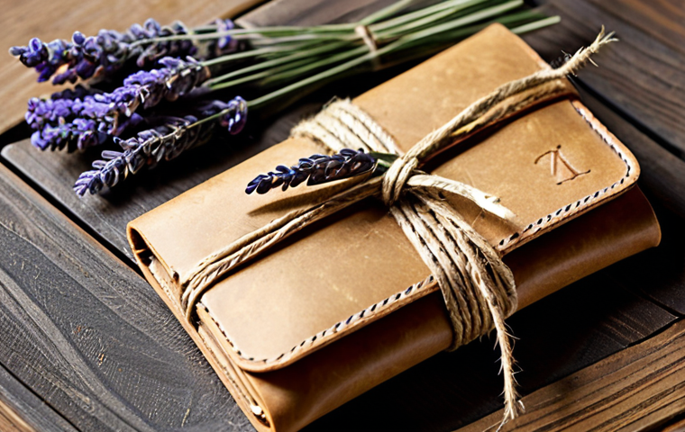 가죽공예 제품 포장법 - Rustic Elegance**

"A close-up shot of a handcrafted leather wallet wrapped in kraft paper, tied wit...