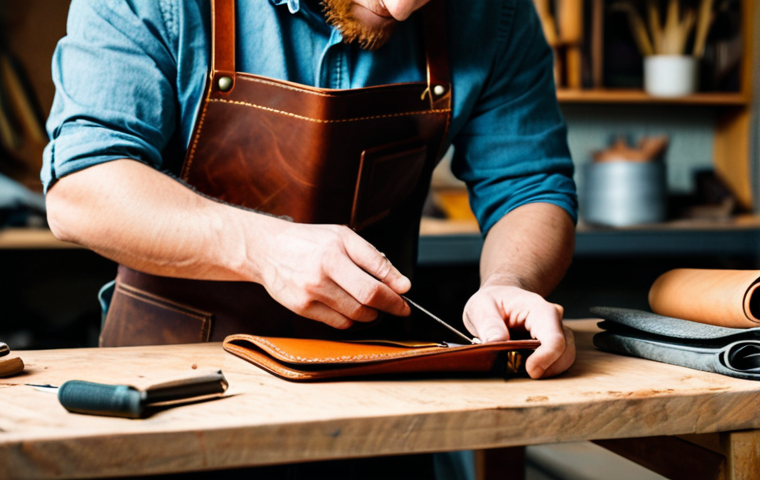 가죽공예 DIY 키트 - Leather Wallet Creation**
"A crafter's hands working on a vegetable-tanned leather wallet, using tr...