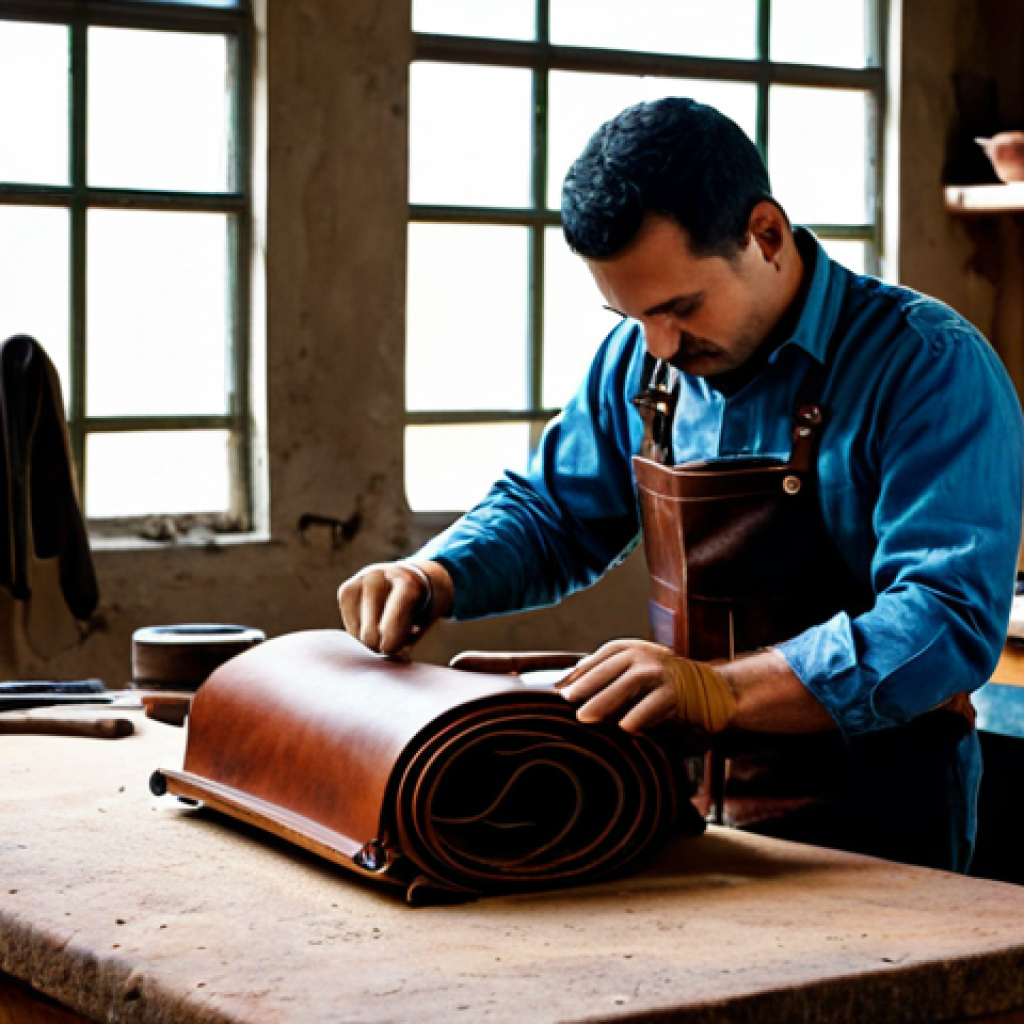 가죽공예 기초 기술 - ** A skilled artisan in a rustic workshop, meticulously hand-stitching a leather saddle using tradit...
