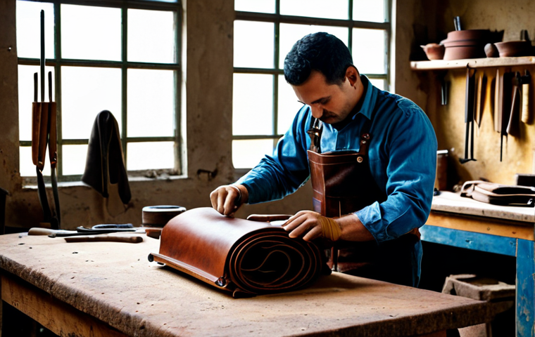 가죽공예 기초 기술 - ** A skilled artisan in a rustic workshop, meticulously hand-stitching a leather saddle using tradit...