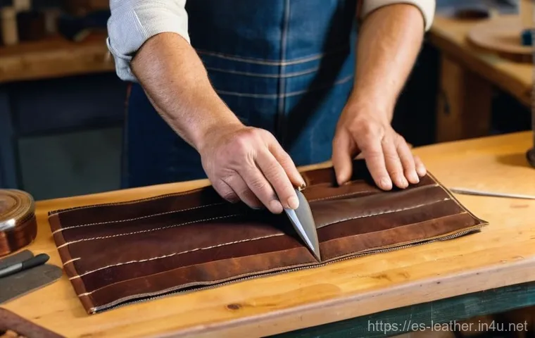 가죽공예 손잡이 퀼팅 - **Prompt:** A luxurious close-up of a meticulously crafted quilted leather handle on an elegant hand...