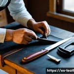 Home 13 가죽공예 완성도 높이는 팁 - **Prompt:** A skilled leather artisan, hands carefully shaping and stitching a high-end full-grain l...