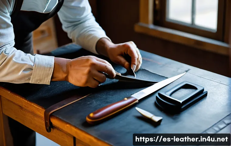 가죽공예 완성도 높이는 팁 - **Prompt:** A skilled leather artisan, hands carefully shaping and stitching a high-end full-grain l...