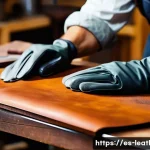 가죽공예 테두리 작업 - A skilled artisan’s hands delicately sanding the edges of a natural vegetable-tanned leather strap, ...