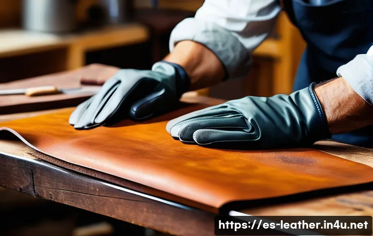 가죽공예 테두리 작업 - A skilled artisan’s hands delicately sanding the edges of a natural vegetable-tanned leather strap, ...
