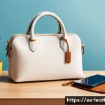 가죽공예 실물 크기 비교 - A stylish medium-sized leather handbag resting on a wooden table beside everyday objects for size co...
