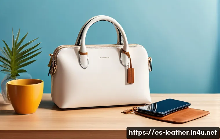 가죽공예 실물 크기 비교 - A stylish medium-sized leather handbag resting on a wooden table beside everyday objects for size co...