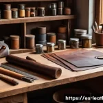 가죽공예 독학 방법 - A cozy artisan’s home workshop scene focused on leather crafting tools and materials: a wooden workb...