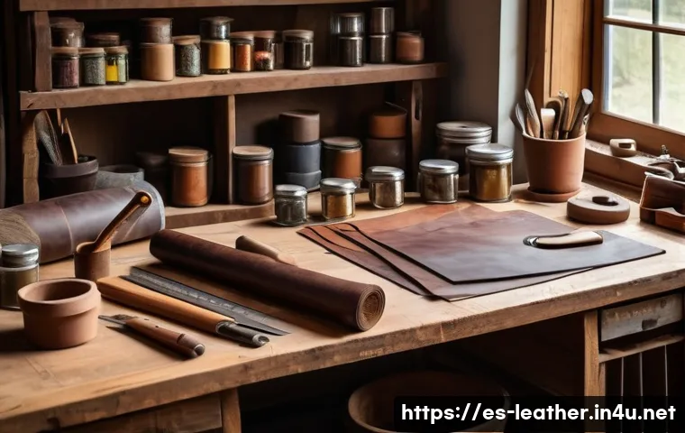 가죽공예 독학 방법 - A cozy artisan’s home workshop scene focused on leather crafting tools and materials: a wooden workb...