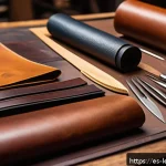 가죽공예 재료 특성 파악 - A close-up view of a leather artisan’s workshop table featuring various types of leather samples inc...