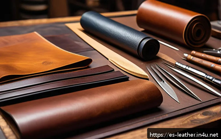 가죽공예 재료 특성 파악 - A close-up view of a leather artisan’s workshop table featuring various types of leather samples inc...