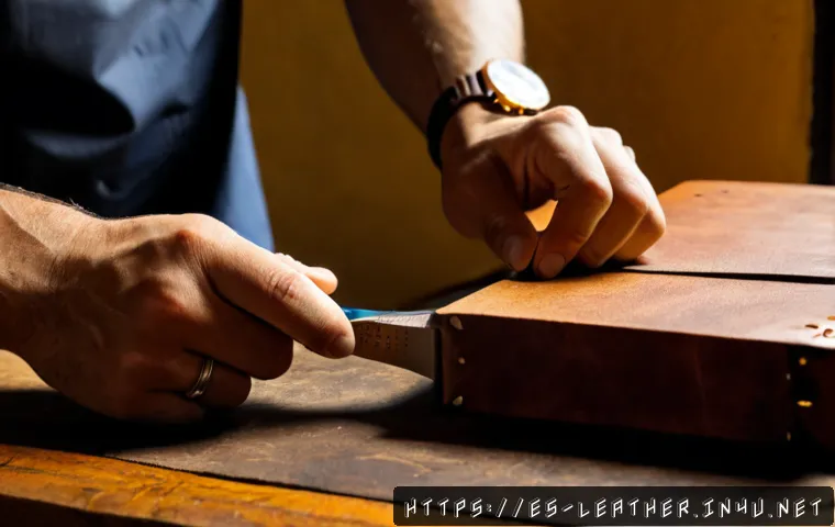 Home 17 가죽공예 시계 스트랩 만들기 - Photorealistic close-up of an artisan crafting a handmade brown leather watch strap on a clean woode...